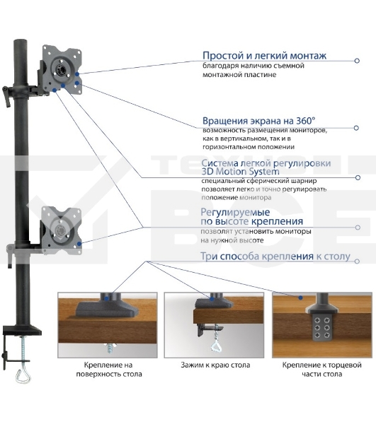 Настольное наклонно-поворотное крепление Kromax OFFICE-5, для 2-х LCD мониторов 13