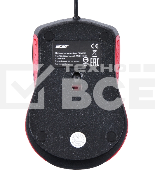 Мышь проводная Acer OMW012 черный/красный, 1200 dpi, USB, кнопки - 3