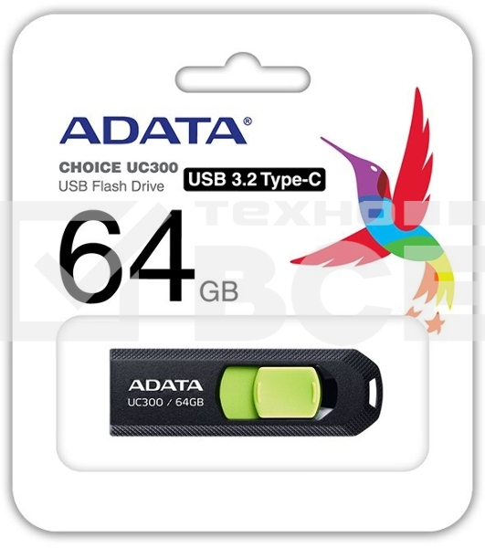 Флеш диск A-Data 64Gb Type-C UC300 ACHO-UC300-64G-RBK/GN USB3.2 черный/зеленый