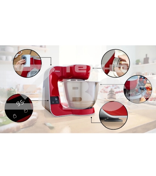 Кухонная машина Bosch MUM5X720 планетар.вращ. 1000Вт красный/серый
