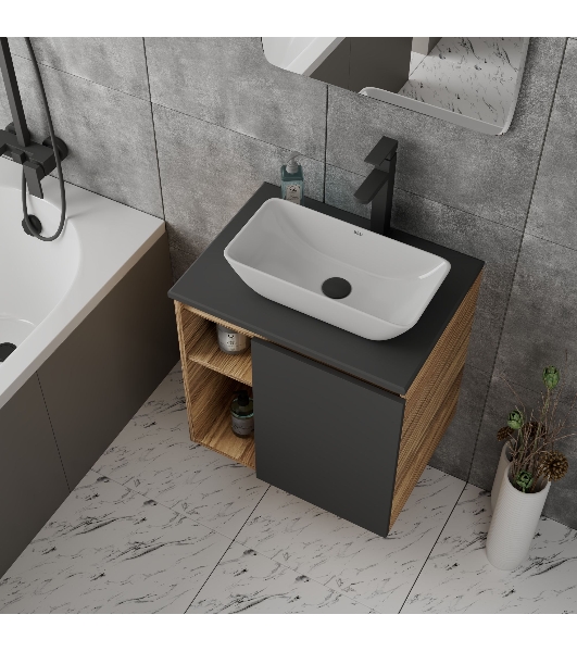 Тумба Bau Dream Blackwood 60 правая, графит, раковина BAU Spectrum mini 47х24 смеситель для раковины высокий Hotel Black, черный, выпуск клик клак, черный