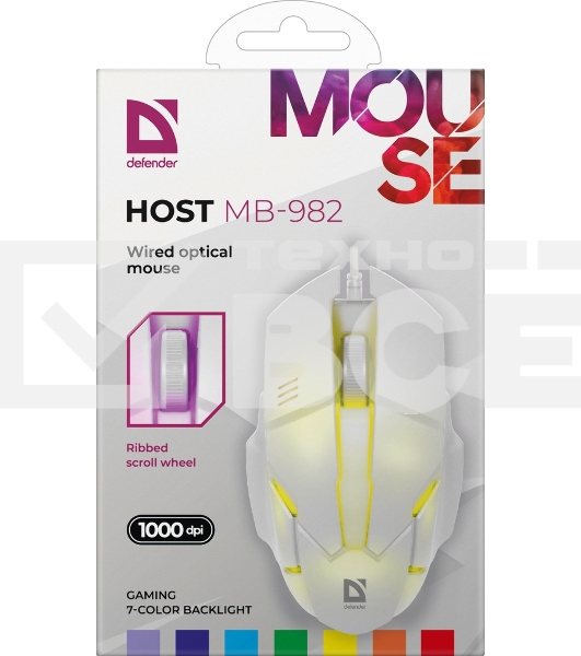 Мышь проводная Defender Host MB-982 белый, 1000 dpi, USB, кнопки - 3