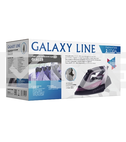 Утюг Galaxy Line GL 6128, фиолетовый с черным, паровой, 2200 Вт, постоянный пар 30 г/мин, паровой удар 140 г/мин, функции: самоочистка, антикапля, антинакипь, функция увлажнения, вертикальное отпаривание, защита от перегрева,  индикатор нагрева, керамичес
