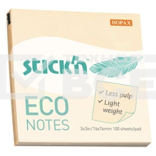 Блок самоклеящийся бумажный Stick`n ECO 21745 76x76мм, 100 листов, 60 г/м2, пастель, желтый