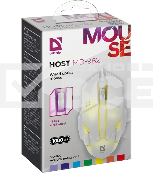 Мышь проводная Defender Host MB-982 белый, 1000 dpi, USB, кнопки - 3