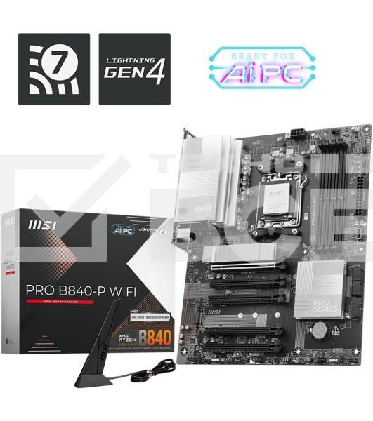 Материнская плата MSI PRO B840-P WIFI, Socket AM5, AMD B840, 4xDDR5, 4xSATA, 2xM.2, 1xPCI-E 4.0 x16, 1xPCI-E 3.0 x4, 3xPCI-E 3.0 x1, 1xHDMI, 1x 2.5Gb LAN, 4xUSB-A 2.0, 2xUSB-A 5Gbps, 1xUSB-C 5Gbps, 1xUSB-A 10Gbps, 1xUSB-C 10Gbps, 3x3.5 мм, 7.1, ATX
