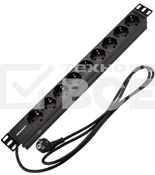 Блок распределения питания Rexant для 19' шкафов, горизонтальный, 9 розеток СЕЕ 7/4, 16A, без выкл, алюм корп, шнур 2м, вилка СЕЕ 7/7