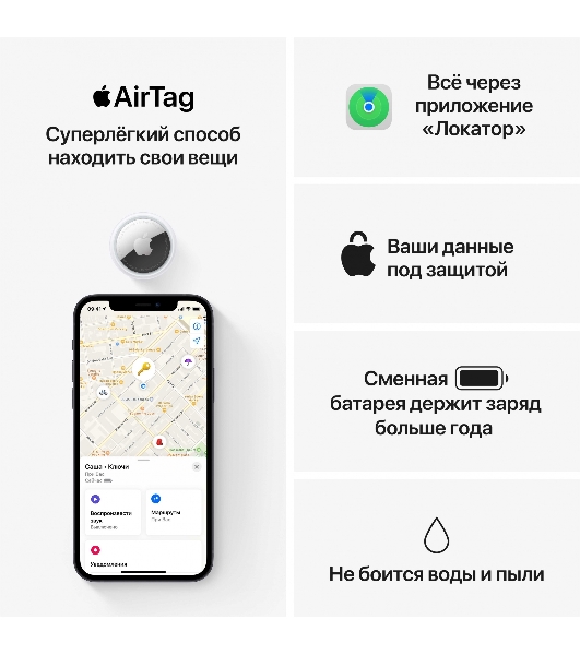 Трекер Apple AirTag, IP67, Bluetooth, NFC, Accelerometer, Speaker, CR2032 bat., d-31.9 mm, h-8 mm, 11 g - (4 Pack)