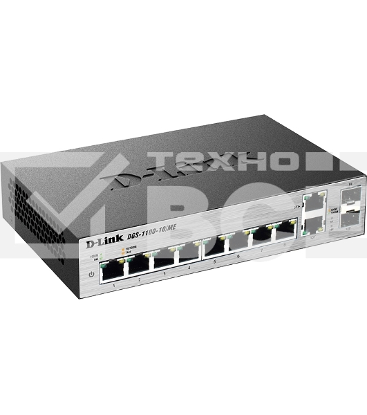 Коммутатор D-Link DGS-1100-10/ME/A2A Управляемый коммутатор 2-го уровня с 8 портами 10/100/1000Base-T и 2 комбо-портами 100/1000Base-T/SFP