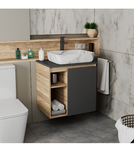 Тумба Bau Dream Blackwood 60 правая, графит, раковина BAU Hotel 51х39, мрамор, смеситель для раковины высокий Hotel Black, черный
