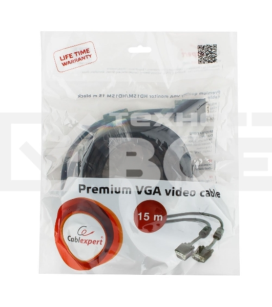 Кабель VGA Premium Cablexpert CC-PPVGA-15M-B, 15M/15M, 15м, черный, тройной экран, феррит.кольца, пакет