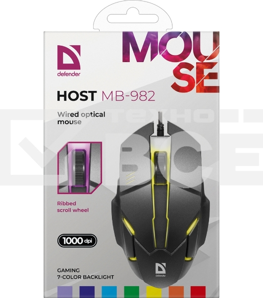 Мышь проводная Defender Host MB-982 черный, 1000 dpi, USB, кнопки - 3