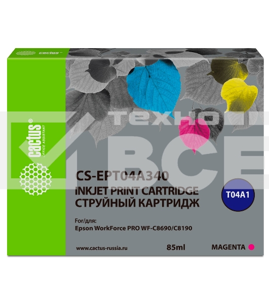 Картридж струйный Cactus CS-EPT04A340 пурпурный (85мл) для Epson WorkForce Pro WF-C8190, WF-C8690
