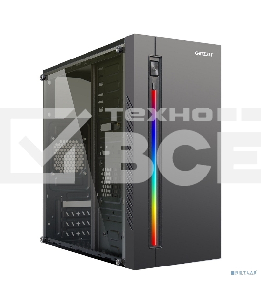 Компьютерный корпус MiniTower Ginzzu D370, RGb, Акриловое стекло, mATX, 2xUSB 2.0, черный, без БП, без вентиляторов