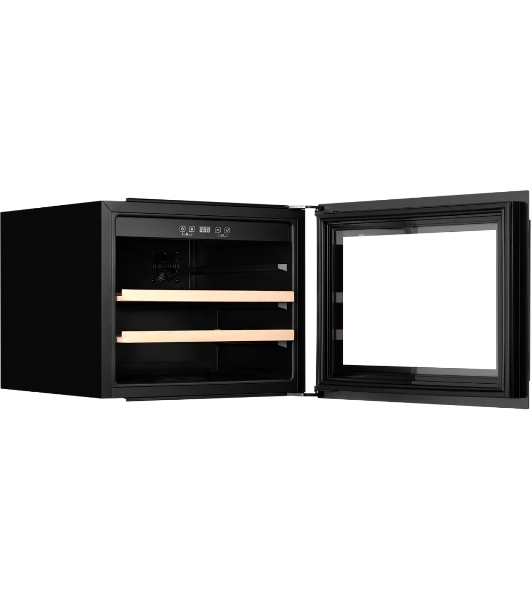 Винный шкаф Kuppersberg RBW 45, встраиваемый, High-Tech, объем 62 л, вместимость 28 бутылок, диапазон температуры 5-20 градусов, 2 полки из бука, LCD дисплей, уровень шума 40 дБ, черный