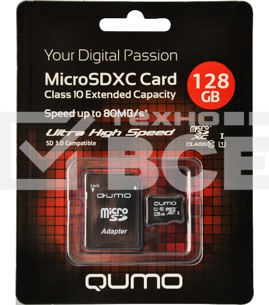 Флэш карта Micro SecureDigital 128Gb QUMO QM128GMICSDXC10U1 {MicroSDXC Class 10 UHS-I, SD adapter}