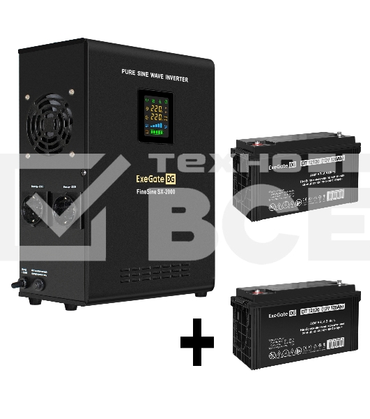 Комплект ИБП EX296001RUS + батарея 120Aч EX282988RUS 2шт (инвертор, синус, для котла, настенный) ExeGate FineSine SX-2000.LCD.AVR.2SH <2000VA/1400W, чистая синусоида, цветной LCD-дисплей, AVR, 2*Schuko, линейно-интерактивный, крепление настенное/универсал