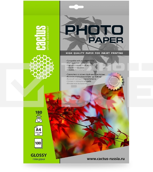 Фотобумага Cactus CS-GA4180100 A4/180г/м2/100л./белый глянцевое для струйной печати