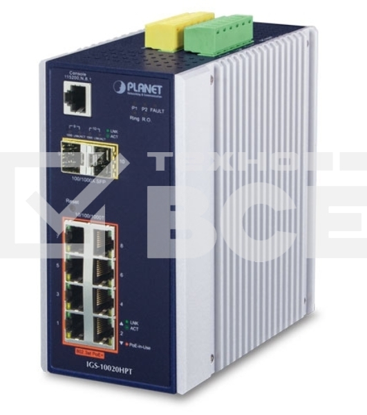 Индустриальный PoE коммутатор IGS-10020HPT для монтажа в DIN-рейку IP30 L2+ SNMP Manageable 8-Port Gigabit POE+(AT) Switch + 2-Port Gigabit SFP Industrial Switch (-40 to 75 C), ERPS Ring Supported, 1588