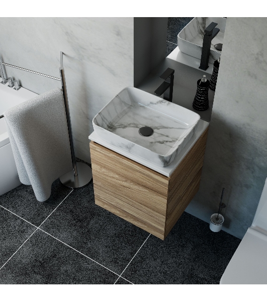 Тумба Bau Dream Blackwood 50 с дверцей, раковина BAU Hotel 51х39, мрамор, смеситель для раковины высокий Hotel Black, черный, выпуск клик клак, черный