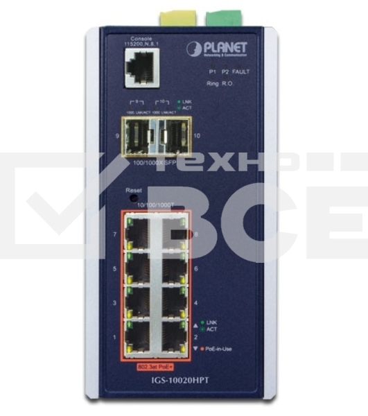 Индустриальный PoE коммутатор IGS-10020HPT для монтажа в DIN-рейку IP30 L2+ SNMP Manageable 8-Port Gigabit POE+(AT) Switch + 2-Port Gigabit SFP Industrial Switch (-40 to 75 C), ERPS Ring Supported, 1588