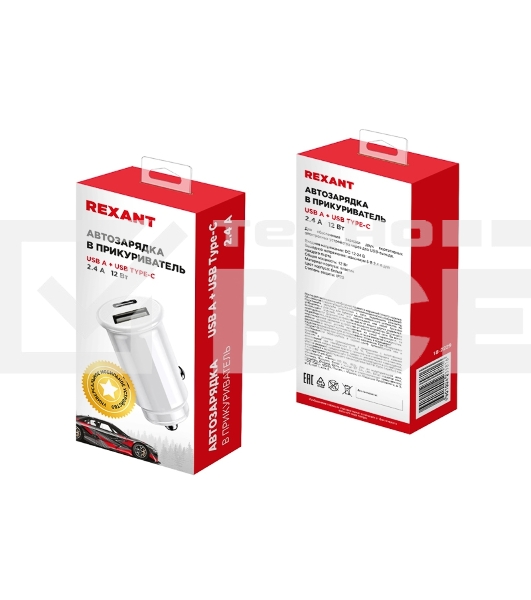 Автозарядка в прикуриватель Rexant АЗУ USB-A+USB-C, 2.4 A белый