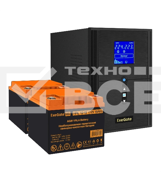 Комплект ИБП EX295989RUS + батарея 45Aч EX285666RUS 2шт (инвертор, синус, для котла) ExeGate SineTower SZ-2000.LCD.AVR.3SH.1C13.USB <2000VA/1600W, чистый синусоида, LCD дисплей, AVR, 3*Schuko+1*C13, USB, линейно-интерактивный, Black> + батарея ExeGate HRL