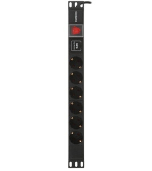 Блок розеток горизонтальный ExeGate ServerPro PDU-19H609 Al-6S-C14-2, 19', 1U, Алюминий, 6 Schuko, кабель с вилкой C14 VDE-250V-10A-3*1.0мм2, 2 метра, выкл. с подсветкой, SPD1, черный