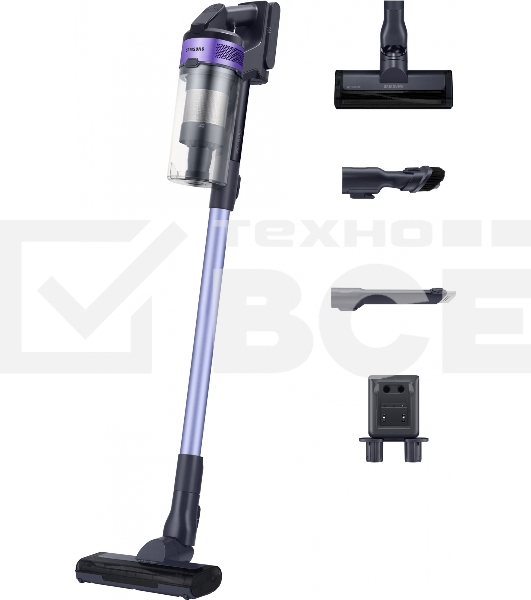 Пылесос вертикальный Samsung VS15A6031R4/EV фиолетовый/чёрный, питание от аккумулятора, 150 Вт, уборка сухая, пылесборник 0.8 л, работа от АКБ max 40 мин.