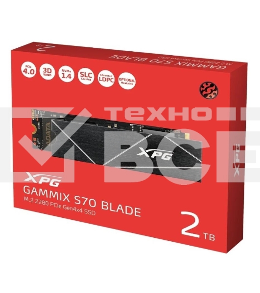 Накопитель SSD ADATA XPG GAMMIX BLADE S70, 2Tb, PCIe 4.0 x4, M.2 2280, NVMe, R/W 7400/6400