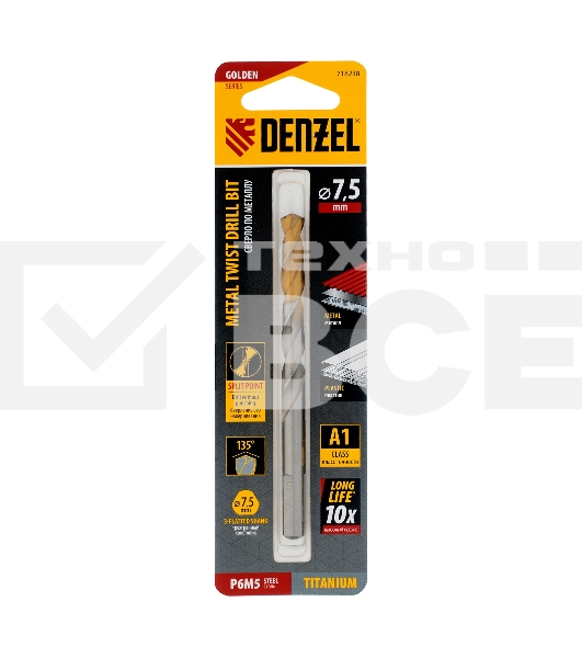 Сверло спиральное по металлу 7,5 x 109мм, Р6М5, Golden Tip Denzel