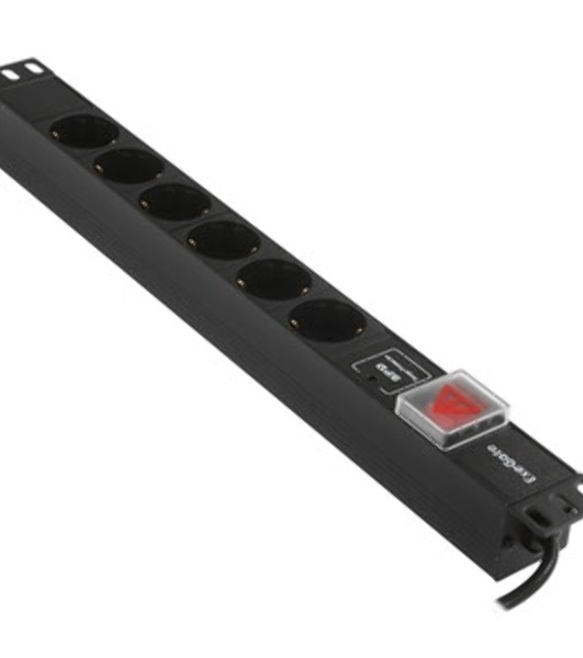 Блок розеток горизонтальный ExeGate ServerPro PDU-19H609 Al-6S-C14-2, 19', 1U, Алюминий, 6 Schuko, кабель с вилкой C14 VDE-250V-10A-3*1.0мм2, 2 метра, выкл. с подсветкой, SPD1, черный