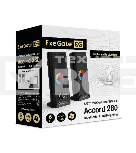 Саундбар-акустическая система 2.0 ExeGate EX289681RUS Accord 280 питание USB, Bluetooth, 2х3Вт (6Вт RMS), 60-20000Гц,черный, RGB подсветка