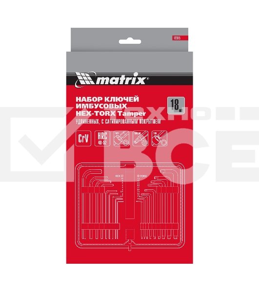 Набор ключей Matrix имбусовых HEX-TORX, 18 шт: HEX 1,5–10 мм, T10-T50, CrV, удлиненные, сатин. Matrix 12315