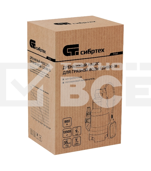 Дренажный насос Сибртех для грязной воды СДН800-35 800 Вт напор 9 м 13500 л/ч