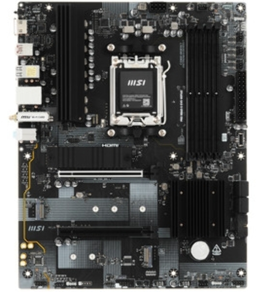 Материнская плата MSI PRO B840-S EVO WIFI6E, AM5, AMD B840, 4xDDR5 (до 256 ГБ), 4xSATA, 3xM.2 (PCIe 4.0/3.0), 1xPCIe 4.0 x16, 1xPCIe 3.0 x16, 1xHDMI, 1x2.5Gb LAN, Wi-Fi 6E, Bluetooth 5.3, 1xUSB-C 10Gbps, 1xUSB-A 10Gbps, 2xUSB-A 5Gbps, 4xUSB-A 2.0, 3x3.5 мм, 7.1, чёрный, ATX
