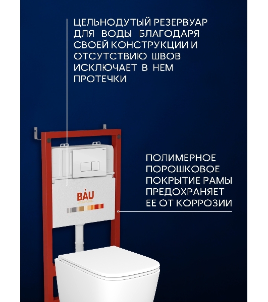 Инсталляция с унитазом комплект BAU PRO 6 в 1: унитаз подвесной безободковый торнадо Bau Dream 51х35, быстросъемное сиденье микролифт, кнопка смыва BAU Hotel, белый глянец