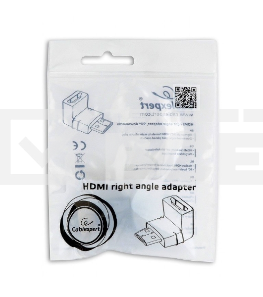 Переходник Cablexpert HDMI-HDMI 19F/19M, угловойсоединитель 90 градусов, золотые разъемы (A-HDMI90-FML)