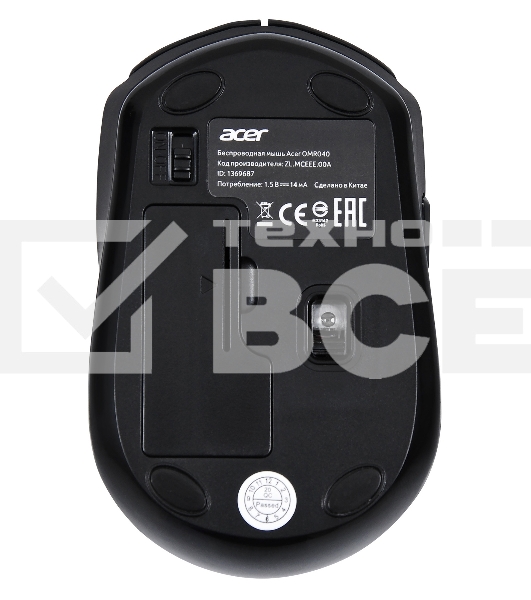 Мышь беспроводная Acer OMR040 черный, 1600 dpi, радиоканал, USB, кнопки - 6