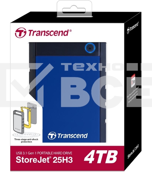 Внешний HDD 2.5' Transcend StoreJet 25H3, 4TB, USB 3.2 Gen 1 Type-A, 5400 rpm, синий