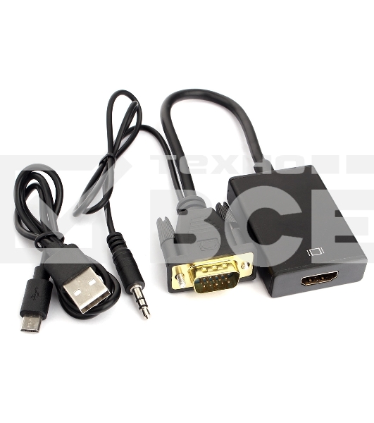 Переходник VGA (M)-HDMI (F) Cablexpert A-VGA-HDMI-01, 19M/15F, длина 15см, аудиовыход Jack 3,5 (M), питание от USB