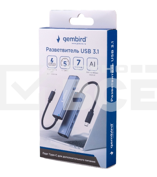 Разветвитель USB3.1 Gembird UHB-U3P7-02, 7хUSB, с доп.питанием (порт Type-C), OTG, кабель Type-C 19см, алюминий, коробка