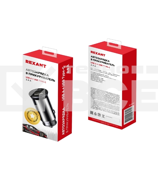 Автозарядка в прикуриватель Rexant АЗУ USB-A+USB-C, 2.4 A черный