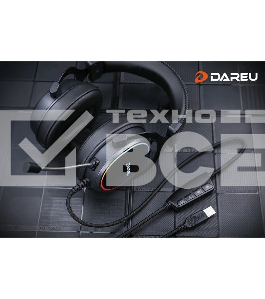 Гарнитура игровая проводная Dareu EH925 Black (черный), подсветка RGB, фиксированный микрофон с шумоподавлением, подключение USB, длина кабеля 2,2м