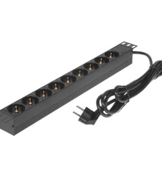 Блок розеток горизонтальный ExeGate ServerPro PDU-19H905 Al-9S-EU3, 19', 1U, Алюминий, 9 Schuko, кабель с евровилкой VDE-250V-16A-3*1.5мм2, 3 метра, черный