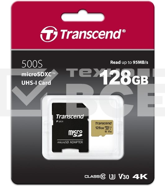 Флеш карта microSD 128GB Transcend microSDXC Ultimate UHS-I U3, V30, (SD адаптер), MLC