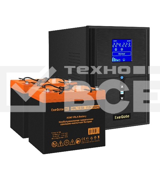 Комплект ИБП EX295989RUS + батарея 55Aч EX285652RUS 2шт (инвертор, синус, для котла) ExeGate SineTower SZ-2000.LCD.AVR.3SH.1C13.USB <2000VA/1600W, чистый синусоида, LCD дисплей, AVR, 3*Schuko+1*C13, USB, линейно-интерактивный, Black> + батарея ExeGate HRL