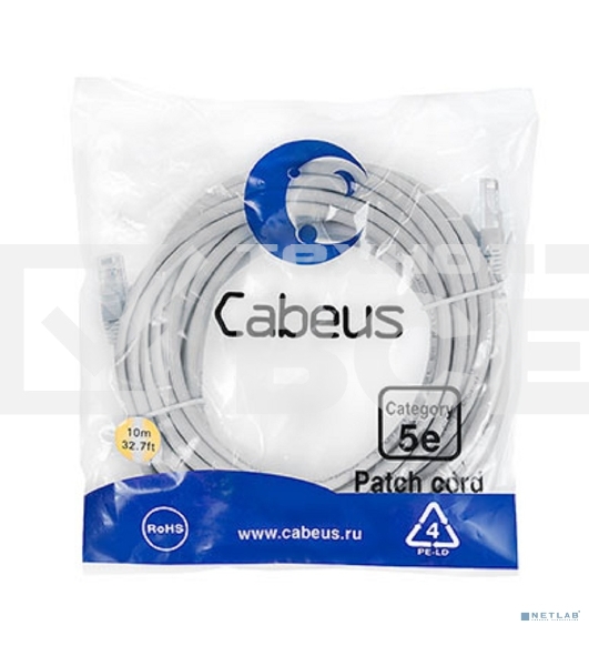 Патч-корд Cabeus PC-UTP-RJ45-Cat.5e-10m U/UTP, cat.5е, 2xRJ45/8p8c, неэкранированный, серый, PVC, 10м