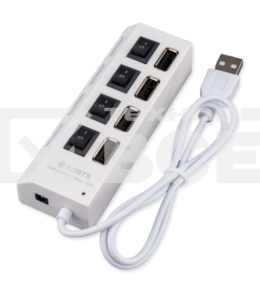 Разветвитель USB2.0 Gembird UHB-243-ADW, 4хUSB, с доп. питанием, подсветка и выключатели, кабель USB 55см, белый, коробка
