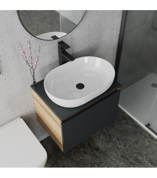 Комплект для ванной, 4 предмета (Тумба подвесная Bau Blackwood 60 графит + Раковина BAU 59х40 + Смеситель высокий Hotel Black, черный, выпуск черный)